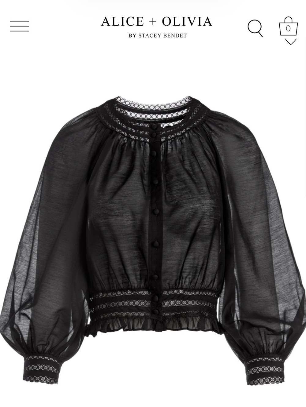 Alice + Olivia Black Lace-Trim Puff Sleeve Blouse